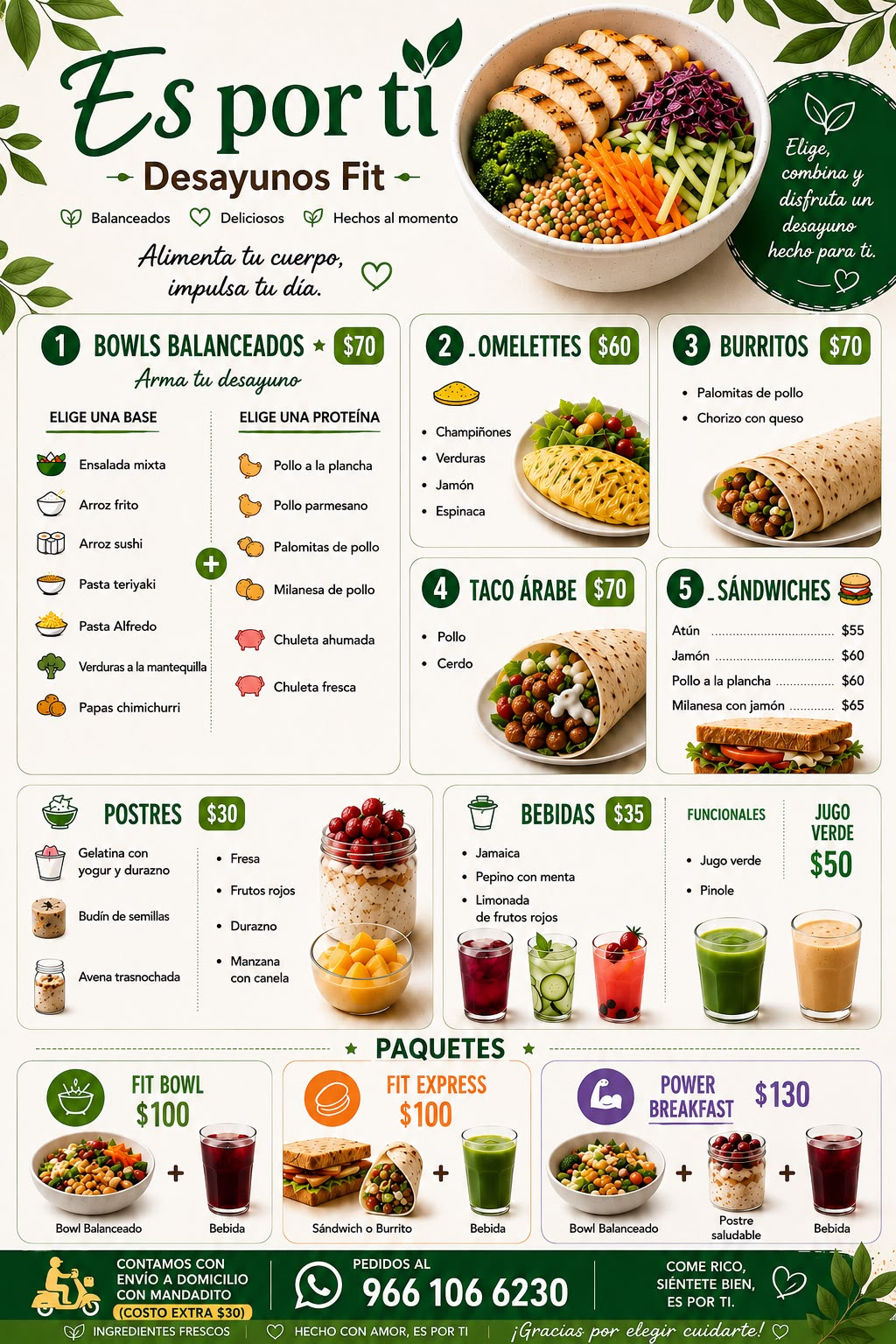 Carta completa: desayunos fit, bowls, omelettes, burritos, postres, bebidas y paquetes